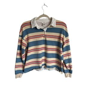 Striped boxy cropped 3/4 button long sleeve polo collared striped t shirt